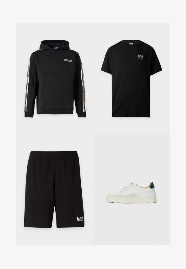 Sweat à capuche noir avec des bandes marquées EA7 Emporio Armani le long des manches et un petit logo poitrine à l'avant.; T-shirt noir à manches courtes avec col rond et petit patch logo EA7 Emporio Armani sur la poitrine gauche.; Shorts de sport noirs en tissu doux, avec une taille élastique et un petit logo blanc en bas à droite.; Baskets blanches avec des accents en daim, bout arrondi, lacets plats et semelle en caoutchouc crème. Présente une marque verte sur le talon.