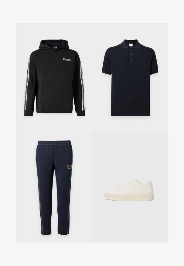 Schwarzer Kapuzenpullover mit EA7 Emporio Armani Markenstreifen entlang der Ärmel und kleinem Brustlogo vorne.; Schwarzes Polohemd mit kurzen Ärmeln, dreiknöpfiger Knopfleiste und klassischem Kragen, flach auf hellem Hintergrund liegend.; Navy Sweatpants aus weichem Stoff verfügen über einen Kordelzugbund, goldene Akzente und seitliche Streifen, die für Komfort und Vielseitigkeit sorgen.; Weißer Sneaker mit strukturiertem Obermaterial, runder Spitze und flacher Gummisohle. Verfügt über dezentes Branding an der Seite und erhabene Akzente an der Ferse.