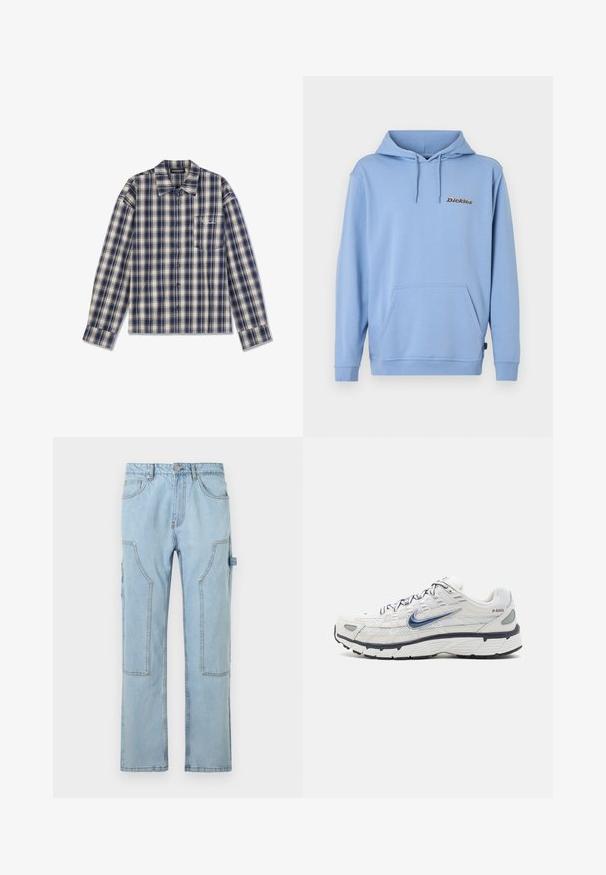 Sudadera con capucha azul claro con bolsillo frontal tipo canguro, capucha con cordón, puños acanalados y el pequeño logo "Dickies" en el pecho izquierdo.; Camisa de manga larga a cuadros en azul marino y crema, con cierre de botones en la parte delantera, cuello, y un pequeño bolsillo en el pecho con texto blanco.; Pantalones cargo de mezclilla azul claros con pernera recta, que cuentan con grandes bolsillos laterales, costuras en contraste y un cierre de botón en la cintura.; Nike Sportswear P 6000 - Zapatillas - phantom/obsidian/summit white/white/black/metallic silver
