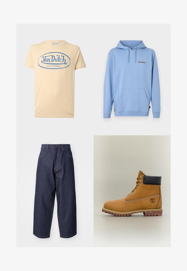 Sweat à capuche bleu clair avec poche kangourou avant, capuche à cordon, poignets côtelés et petit logo "Dickies" sur la poitrine gauche.; T-shirt beige manches courtes col rond avec logo bleu "Von Dutch California" imprimé sur le devant.; Jean en denim bleu foncé avec une coupe ample et des jambes larges. Comprend une fermeture à bouton, des poches avant et des accents de couture visibles.; Bottine en cuir marron avec col noir, lacets jaunes et semelle beige. Présente un logo et des détails de couture blanche. Semelle extérieure à traction robuste.