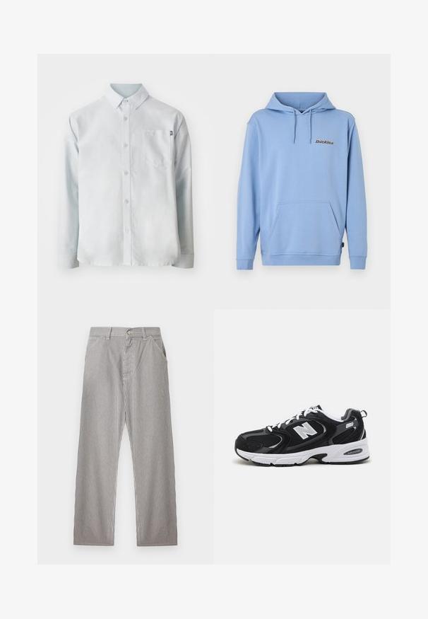 Lichtblauwe hoodie met voorzak in kangaroestijl, capuchon met trekkoord, geribbelde manchetten en klein "Dickies"-logo op de linkerkant van de borst.; New Balance OXFORD - Overhemd - blue; Herenbroek met verticale zwart-witte dunne strepen, vooraan sluiting met knopen, riemlussen en zijzakken.; Zwarte en grijze sport schoenen met een bovenwerk van mesh en suede, voorzien van een witte tussenzool, veters en een gedurfde "N"-logo aan de zijkant.