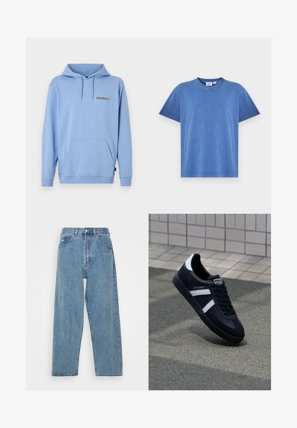 Lichtblauwe hoodie met voorzak in kangaroestijl, capuchon met trekkoord, geribbelde manchetten en klein "Dickies"-logo op de linkerkant van de borst.; Blauw katoenen T-shirt met een ronde hals, korte mouwen en een losse pasvorm. Heeft een gladde textuur en minimale naden.; Lichtblauwe denim jeans met een hoge taille, ontspannen pasvorm, met twee zijzakken, een achterzak met patch en een knoopsluiting.; Zwarte leren sneaker met witte strepen, een gestructureerde rubberen zool en vetersluiting aan de voorkant. Voorzien van een merklabel op de tong.