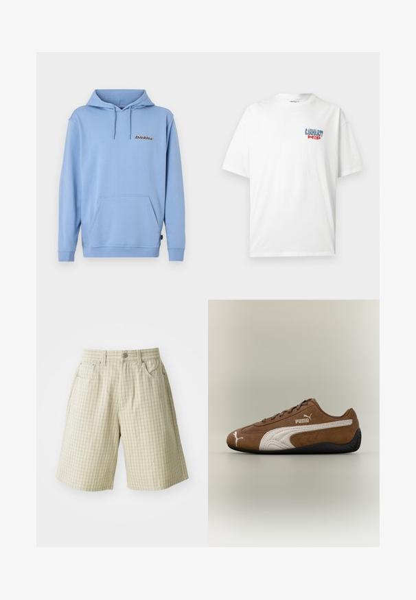 Hellblauer Kapuzenpullover mit Kängurutasche vorne, Kapuze mit Kordelzug, gerippten Bündchen und kleinem "Dickies"-Logo auf der linken Brust.; Weißes T-Shirt mit kurzen Ärmeln und blauem sowie rotem "Carhartt WIP"-Logo auf der linken Brust, Rundhalsausschnitt und lässiger Passform.; Beige karierte Shorts aus leichtem Stoff, ausgestattet mit zwei Seitentaschen, einem Knopfverschluss und einem entspannten Schnitt.; Brauner Wildleder-Sneaker mit weißen Akzenten und strukturiertem Design. Mit einer schwarzen Gummisohle und einem auffälligen Puma-Logo an der Seite.