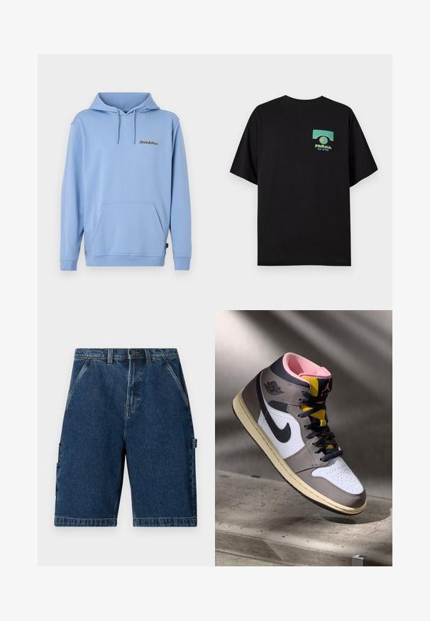 Lichtblauwe hoodie met voorzak in kangaroestijl, capuchon met trekkoord, geribbelde manchetten en klein "Dickies"-logo op de linkerkant van de borst.; Zwart T-shirt met ronde hals en korte mouwen, met een kleine groene en gele afbeelding en tekst op de linkerborst met de tekst "PINBALL WIP ©1989".; Blauwe denim shorts met voorzakken, riemlussen, knoopsluiting en een zijlus, weergegeven tegen een witte achtergrond.; Hoog-top Nike Air Jordan sneaker in wit, grijs en zwart met een roze interieur en gele tong, geplaatst op een betonnen oppervlak.
