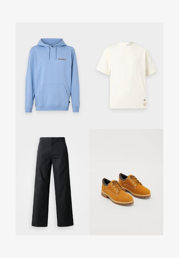 Sudadera con capucha azul claro con bolsillo frontal tipo canguro, capucha con cordón, puños acanalados y el pequeño logo "Dickies" en el pecho izquierdo.; Camiseta de algodón de manga corta en color blanco roto, con cuello redondo, pequeña etiqueta con logo y detalle de cordón beige cerca del dobladillo inferior.; Pantalones de pierna ancha negros hechos de algodón. Cuenta con cierre de botón, lazos para cinturón y bolsillos laterales. Textura suave con un corte ajustado.; Zapatos de ante marrón con punta redonda, cordones amarillos, un collar acolchado negro y suelas de goma con surcos de tracción.