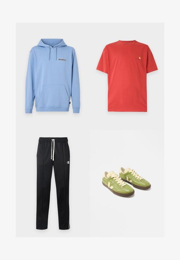 Svetlomodrá mikina s kapucňou, predným klokankovým vreckom, šnúrkou na stiahnutie kapucne, rebrovanými manžetami a malým logom „Dickies“ na ľavej strane hrudníka.; Červené bavlnené tričko s okrúhlym výstrihom, krátkymi rukávmi a malým žltým logom na ľavej strane hrudníka. Hladká textúra, ležérny dizajn.; Čierne športové nohavice s bielym šnúrkovým pásom, bočnými pruhmi, prednými vreckami a malým bielym logom Champion na ľavom stehne.; Pár zelených nízkych tenisiek s krémovými šnúrkami, béžovými pätkami a tmavohnedými gumovými podrážkami na bielom pozadí.