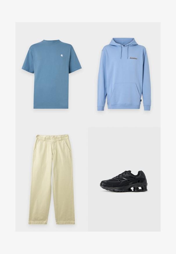 Vaaleansininen huppari, jossa on etutasku, kiristysnauha huppuun, resorit hihansuissa ja pieni "Dickies"-logo vasemmassa rinnassa.; Sininen puuvillainen t-paita, jossa on pyöreä kaula-aukko, lyhyet hihat ja pieni valkoinen logo vasemmassa rinnassa. Sujuva pinta ja rento istuvuus.; Beiget puuvillaiset housut rentolla istuvuudella, joissa on sivutaskut, vyölenkit ja suorat lahkeet. Sileä pinta ja vähäiset ompelut.; Musta urheilukenkä, jossa on verkkopäällinen, pehmustettu kaulus ja näkyvä iskunvaimennusteknologia kantapäässä. Sisältää teksturoituja yksityiskohtia ja nauhat.