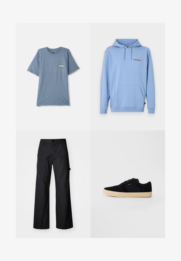 Lichtblauwe hoodie met voorzak in kangaroestijl, capuchon met trekkoord, geribbelde manchetten en klein "Dickies"-logo op de linkerkant van de borst.; Blauwe katoenen t-shirt met korte mouwen, ronde hals, en een kleine logo-opdruk op de linkerborst. Zachte textuur, ontspannen pasvorm.; Zwarte, wijde broek gemaakt van duurzaam materiaal. Voorzien van een knoopsluiting en zijzakken. Glad textuur met een strakke uitstraling.; Zwarte sneaker met lage schacht en een beige gestructureerde zool, veters en een klein zijlogo op een effen lichtgrijze achtergrond.