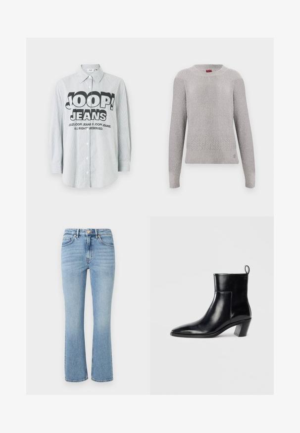 Lysegrå sweater med struktureret strikket design, der har rund halsudskæring og lange ærmer. Detaljeret strikkemønster ved kanten.; Stribet skjorte med knapper i lyseblåt og hvidt stof. Har et markant sort logo "JOOP! JEANS" på forsiden, med lange ærmer.; Lys blå denim jeans med en udvidet design, høj talje, fem lommer og guld hardware. Funktioner en falmet vask og stikninger.; Sort læder ankelstøvle med spids tå, geometrisk stablet hæl og en løftestrop bagpå. Glat tekstur og slankt design.