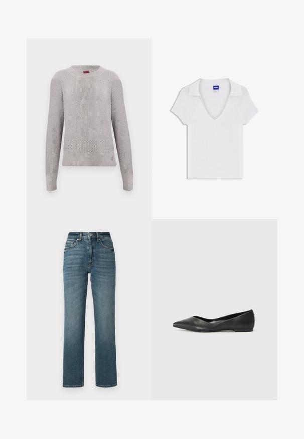 Lichtgrijze trui met een gestructureerd gebreid patroon, voorzien van een ronde hals en lange mouwen. Gedetailleerd breipatroon aan de zoom.; Witte korte mouw shirt met V-hals en brede kraag, gemaakt van gestructureerde stof, met een blauwe "HUGO" label aan de binnenkant van de halslijn.; High-waisted jeans met rechte pijpen van blauwe denim, met subtiele vervaging, vijf zakken en een knoopsluiting.; Zwarte leren ballerina met een spitse neus, lage hak en een gladde structuur. Minimalistisch ontwerp met een subtiele zijaccent.