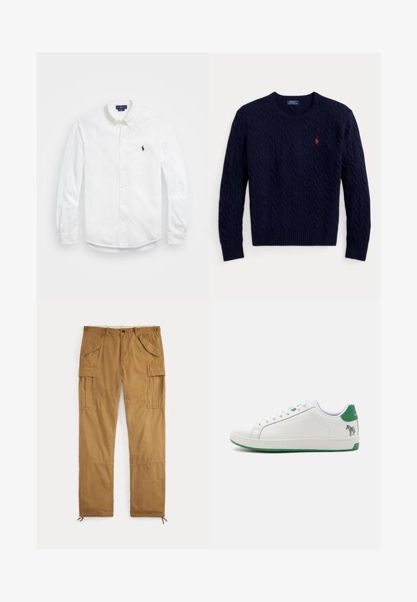 Tumesinine soonikkoega ümarkaelusega kampsun pikkade varrukatega ja vasakul rinnal punane väike tikitud Polo Ralph Laureni logo.; Valge pika käisega nööbiga särk, millel on kaelus, sisaldab väikest tumesinist broderitud logo. Puuvillane kangas sujuva tekstuuriga.; Pruunid cargo-püksid nööpidega kinnitusega, vööaasadega, kaenlaalustel klapiga taskutega ja pahkluude juures nöörkinnitustega, laotatud tasasele valgel taustal.; Valge nahkne tennis, millel on rohelised aktsendid ja zebra graafika kandadel. Omab lapikuid paelasid ja kergelt tekstureeritud kummist talda.