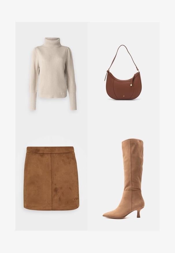 VILA Knitted Turtleneck - Džemper - feather gray; Pruun nahkminiseelik, millel on sile tekstuur, sirge lõige ja ilma õmblusteta vöökoht, minimalistliku disainiga, ilma mustrite ja kaunistusteta.; Kohverkiibed beezist seemisnahast, kõrged kuni põlveni, terava toe ja madala kiilukannaga, esitatud lihtsal valgel taustal.; Pruun faux nahast õlaline kott, millel on kaarjas kuju, minimaalne õmblemine ja kuldse tooni metallist aksessuaar. Omab ülemist tõmblukku ja reguleeritavat rihma.