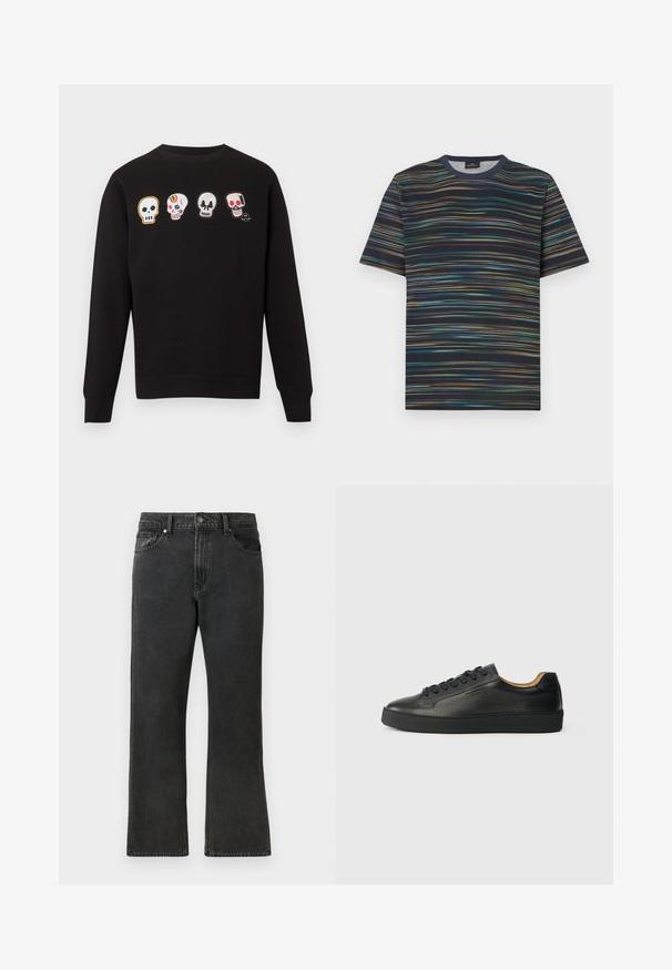 Sort langærmet sweatshirt med fire broderede kraniedesigns over brystet, hver kranie med unikke former og farverige detaljer.; Kortærmet T-shirt lavet af bomuld, med en marineblå base og flerfarvede horisontale striber samt rund halsudskæring.; Sorte denim jeans med lige ben, med en mellem taljehøjde, fem lommer og knaplukning. Diskret falmet tekstur over det hele.; Sorte lavtop lædersneakers med tekstureret overflade, sorte snørebånd og tyk gummisål, vist fra siden på en lys baggrund.