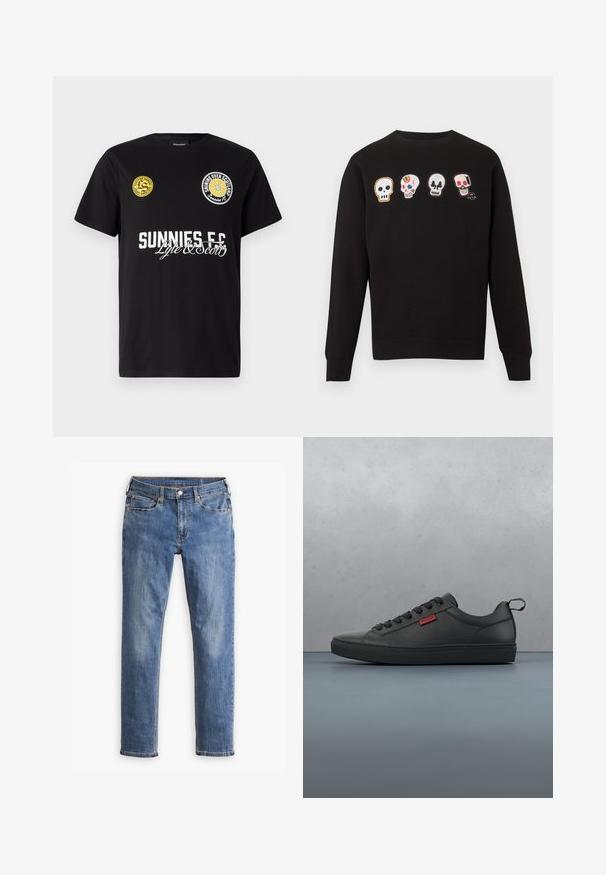 Must pikkade varrukatega pusa nelja tikitud koljuehtedega rinnal, iga kolju omapäraste kujude ja värvikirevate detailidega.; Must must-haki, millel on rinnal kaks ringikujulist logo. "Sunnies FC" on trükitud julgete valgete tähtedega, mille all on kalligraafilised aktsendid.; Sinine kitsas lõikega teksapaar viie taskuga ja nööpidega sulgemisega, näidates kerget pleekimist reitel ja põlvedel, esitatud valgel taustal.; Mustad musta värvi madala lõikega tossud sujuvast materjalist, ringikujulise varbaga, stringide kinnitusega ees, tekstuuriga põhi ja väike punane logo.