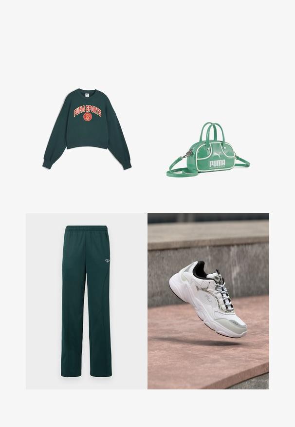 Sudadera corta de color verde oscuro con mangas oversized, que presenta un atrevido gráfico "PUMA SPORTS" en rojo y amarillo en el pecho.; Pantalones de chándal verde oscuro hechos de una tela suave, con una cintura elástica y costuras laterales, y un pequeño logo en la parte delantera.; Zapatilla FILA blanca y gris con detalles texturizados y cordones, flotando sobre una superficie de piedra rosada cerca de escalones de concreto.; Pequeño bolso verde de Puma con ribete blanco, dos asas, correa de hombro desmontable y logo frontal con el texto "MACHT'S MIT QUALITÄT."
