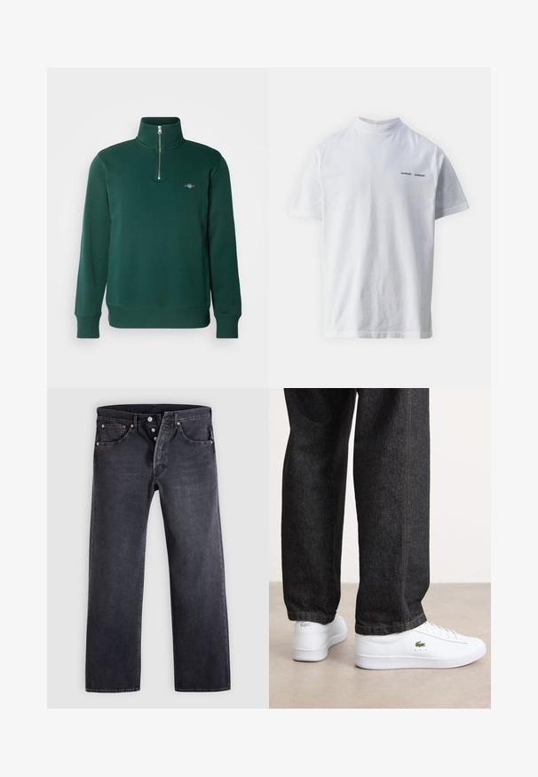 Sudadera verde con cremallera. Presenta un cuello alto, mangas largas y un pequeño logo en el pecho. Tejido suave y liso.; Camisa de algodón blanca con un cuello alto y mangas cortas. Presenta el logo "SAMSØE SAMSØE" en negro en la parte delantera. Textura suave.; Jeans vaqueros negros de corte recto, diseño de cinco bolsillos y detalles de botones de cobre. Textura suave con un acabado ligeramente desgastado.; Zapatillas de cuero blancas con un diseño de perfil bajo y un logo verde, combinadas con unos jeans de mezclilla oscuros con costuras amarillas.