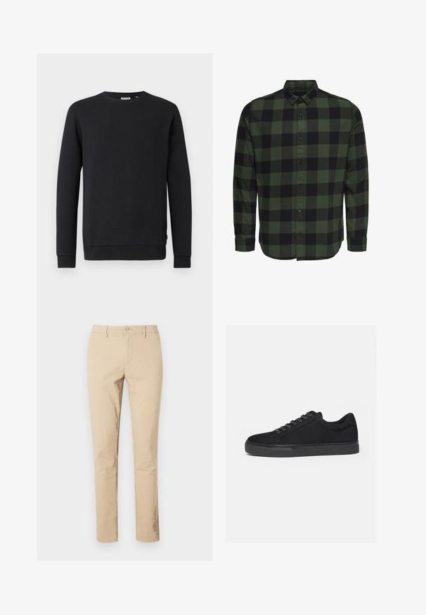 Sweat-shirt noir à manches longues avec col rond, poignets et ourlet côtelés, présenté sur un fond blanc uni.; Chemise à manches longues à carreaux verts et noirs, avec col classique et poignets boutonnés, présentée sur fond blanc.; Pantalons en coton beige avec une coupe classique, fermeture éclair avec bouton, passants de ceinture et ourlets propres. Aucun motif ni accent visible.; Baskets basses noires avec fermeture à lacets à l'avant et semelle en caoutchouc plate, vues de profil sur fond blanc.