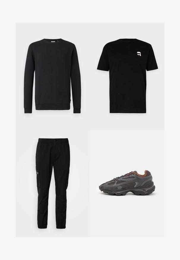 Schwarzes Sweatshirt mit langen Ärmeln, Rundhalsausschnitt, gerippten Bündchen und Saum, auf weißem Hintergrund dargestellt.; Schwarzes Baumwoll-T-Shirt mit kurzen Ärmeln, das auf der linken Brust ein kleines weißes Grafik eines Charakters mit Brille zeigt. Klassisches Rundhals-Design.; Schwarze Cargo-Hose mit elastischem Bund, Knopfverschluss, zwei Seitentaschen und zwei Cargo-Taschen. Glattes Material mit lässiger Passform.; Lacoste Sneaker in Dunkelgrau aus Mesh und Synthetikmaterial, mit einer strukturierten Sohle und braunen Akzenten am Kragen und Logo.