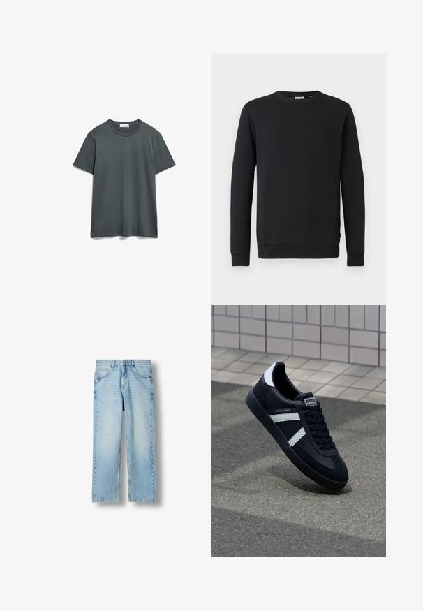 Zwarte trui met lange mouwen, ronde hals, geribde manchetten en zoom, getoond op een effen witte achtergrond.; Donkergrijze katoenen t-shirt met een ronde hals, korte mouwen en een comfortabele pasvorm. Geen zichtbare patronen of grafische elementen. Eenvoudig ontwerp.; Lichtblauwe rechte denim jeans met vijf zakken, knoopsluiting en zichtbare stiksels op een witte achtergrond.; Zwarte leren sneaker met witte strepen, een gestructureerde rubberen zool en vetersluiting aan de voorkant. Voorzien van een merklabel op de tong.