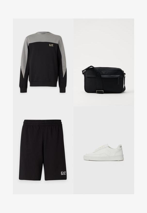 Zwart-grijze sweater met lange mouwen en ronde hals met EA7 Emporio Armani-logo op de linker bovenborst.; Zwarte sportshorts gemaakt van zachte stof, met een elastische tailleband en een klein wit logo aan de onderzijde rechts.; Witte leren sneaker met een gladde afwerking, ronde neus, platte veters en een gestructureerde zool. Kenmerkt zich door een subtiel logo op de hiel.; Zwarte nylon schoudertas met een contrasterende schouderband, een slank rechthoekig ontwerp, een logo-detail en een ritszak aan de voorkant.