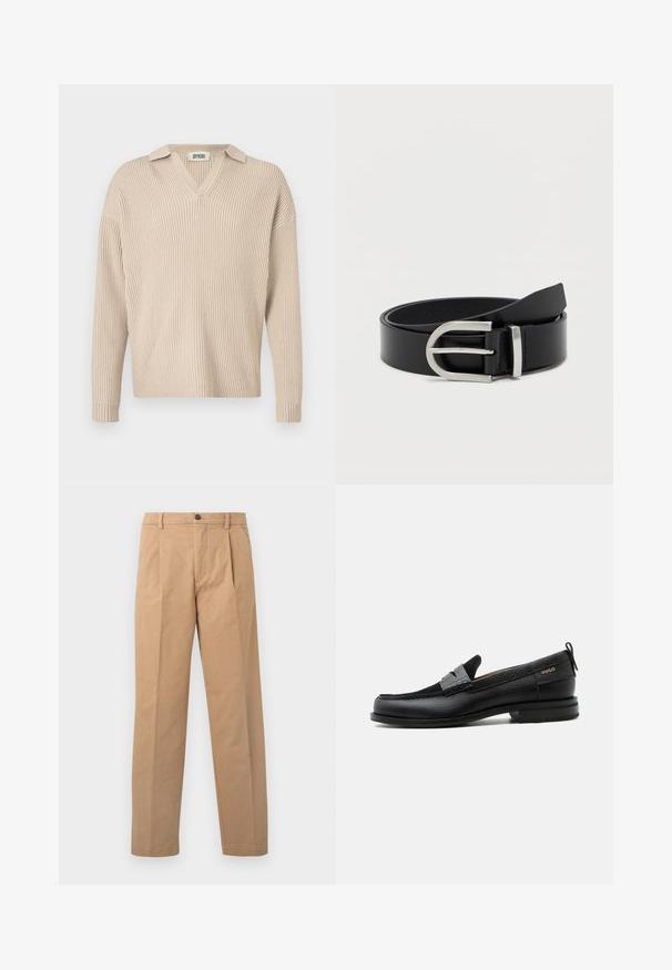 Beige ribbet strikpullover med V-hals og krave, med lange ærmer og afslappet pasform, lavet af et blødt, tekstureret stof.; Khaki bukser med lige ben-design, lavet af bomuldsstof; har en enkelt knaplukning og to frontfolder.; Sort læderloafer med grå remdetalje, lav hæl og tekstureret sål, mærket med "HUGO" i guld på siden.; Sort læderbælte med en glat overflade, der har en sølvmetalklausul og en klassisk rektangulær form.