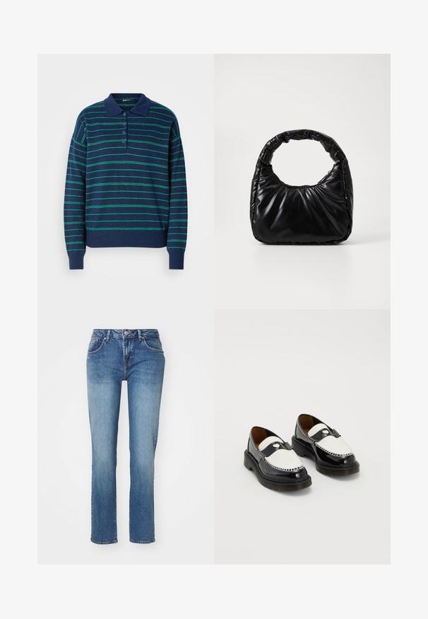 Pull en polo bleu marine avec des rayures vertes horizontales, un col classique et une patte de boutonnage. Texture douce avec des poignets et un ourlet côtelés.; Jean en denim bleu avec une coupe droite, présentant un design classique à cinq poches et une finition légèrement délavée. Les détails incluent une fermeture à bouton et une fermeture éclair.; Mocassins en cuir noir et blanc avec semelles épaisses, panneaux avant blancs, détail en forme de cœur noir et surpiqûres contrastantes autour des bords.; Sac à main noir rembourré avec une poignée arrondie, présentant une surface lisse et brillante ainsi qu'une texture douce et matelassée. Pas de quincaillerie ou d'accents visibles.
