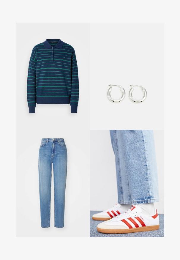 Pull en polo bleu marine avec des rayures vertes horizontales, un col classique et une patte de boutonnage. Texture douce avec des poignets et un ourlet côtelés.; Jean taille haute bleu clair avec une coupe droite. Fabriqué en denim, avec cinq poches et une fermeture à bouton à l'avant. Texture lisse.; Baskets en cuir blanc avec des rayures et des accents rouges. Dotées d'une semelle extérieure en gomme texturée et d'un col rembourré. Portées avec un jean en denim bleu clair.; Boucles d'oreilles en argent avec une finition polie, présentant une forme circulaire et une fermeture à charnière. Texture lisse avec un minimum de détails.