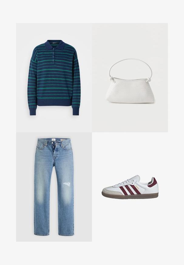 Suéter polo azul marino con rayas verdes horizontales, un cuello clásico y una tapeta de botones. Textura suave con puños y dobladillo acanalados.; Jeans de mezclilla azul claro con un corte relajado, que presentan un parche desgastado en el muslo derecho, cinco bolsillos y cierre con botón de metal.; Zapatilla blanca de caña baja Adidas Samba con rayas granate, puntera de ante beige y suela de goma.; Bolso de mano de cuero blanco tejido con asa redondeada y extremos de la correa anudados, exhibido sobre un fondo liso.