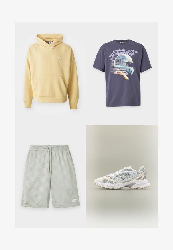 Geel hoodie van zacht materiaal, met een voorzak in kangoeroestijl en een wit logo op de borst. Inclusief een capuchon met trekkoord.; Donkergrijs T-shirt met een digitaal stijlvol grafiek van een racehelm en het woord "Steadfast" erboven in gestileerde tekst.; Umbro FOOTBALL SHORT - Trainingsbroek - harbor mist; Witte sportschoen met grijze netpanelen, gestructureerde overlays, een gepolsterde kraag en een rubberen zool met kleine tractiespitten.