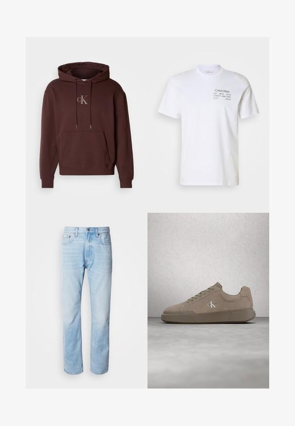 Bruin hoodie gemaakt van een katoenmix met een voorste kangoeroezak. Bevat een grijze logo dat in het midden is gedrukt.; Witte katoenen t-shirt met korte mouwen, een ronde hals en bedrukte tekst: "Calvin Klein 205 WEST 39TH STREET NEW YORK CITY 10018."; Lichtblauwe denim jeans met een rechte pijp, met vervaagde delen, vijf-pocket ontwerp en een klassieke knoopsluiting.; Beige suède sneaker met veters en "ck"-logo, zwevend boven een gepolijste betonnen vloer met een achtergrond van glazen blokken.
