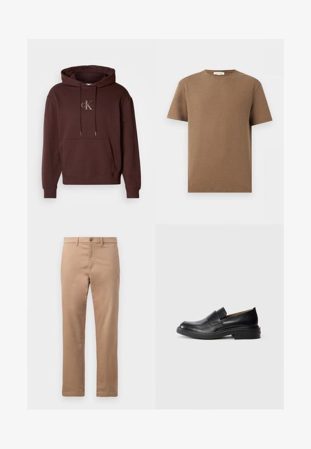 Sweatshirt à capuche marron en mélange de coton avec une poche kangourou à l'avant. Présente un logo gris imprimé au centre.; T-shirt marron à manches courtes et col rond avec tissu texturé et étiquette "Pier One" à l'intérieur du col, présenté sur fond blanc.; Chinos beige en coton avec une texture lisse, dotés d'une fermeture éclair et d'un bouton. Design à jambe droite, sans motifs ni accents visibles.; Chaussure habillée noire en cuir, à enfiler, avec un petit talon et un logo Calvin Klein discret sur le côté, présentée de profil sur un fond blanc.