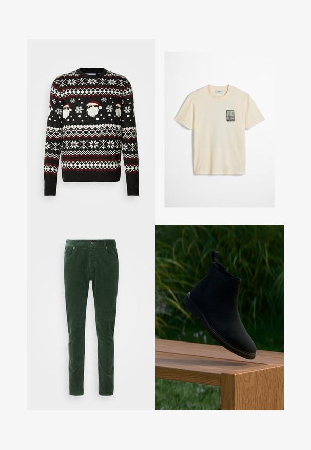 Sort strikket sweater med hvide og røde festlige mønstre, herunder nisseansigt og snefnug. Rundet halsudskæring og ribbede manchetter.; Hvid rundhalset T-shirt med korte ærmer, med et lille grafisk motiv af et vindue med sort kant og teksten "MOPD Sports Club" på venstre bryst.; Grønne kordfløjelbukser med lige pasform. Har fem lommer, metalknaplukning og ribbet tekstur. Maskinvaskbare.; Sort Chelsea-støvle lavet af glat læder, med en trækflig, rund tå, elastiske sidepaneler og en lav hæl. Viset på en træoverflade.