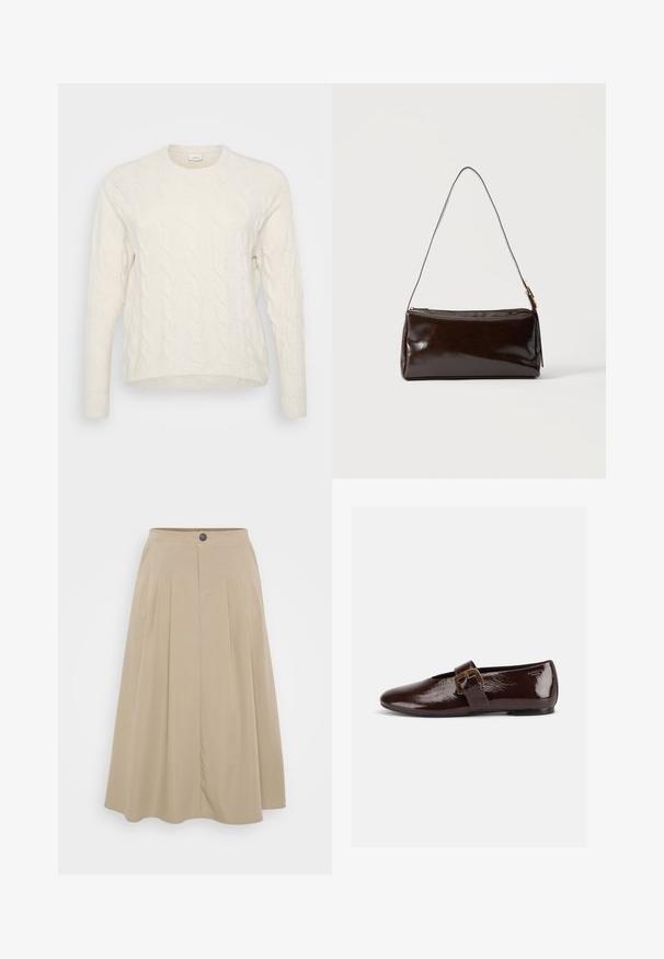 Hvid kabelstrikket sweater med rund halsudskæring, lange ærmer og ribbede manchetter. Teksturen har hævede, sammenflettede mønstre.; Beige plisseret nederdel lavet af blødt stof, med en tætsiddende talje med knaplukning og en svævende A-formet silhuet.; Mørkebrun laklædersko med stor guldlås og rund tå, vist i sideprofil på hvid baggrund.; Mørkebrun rektangulær læder skuldertaske med en enkelt tynd rem og spænde i guldton på en ensfarvet baggrund.