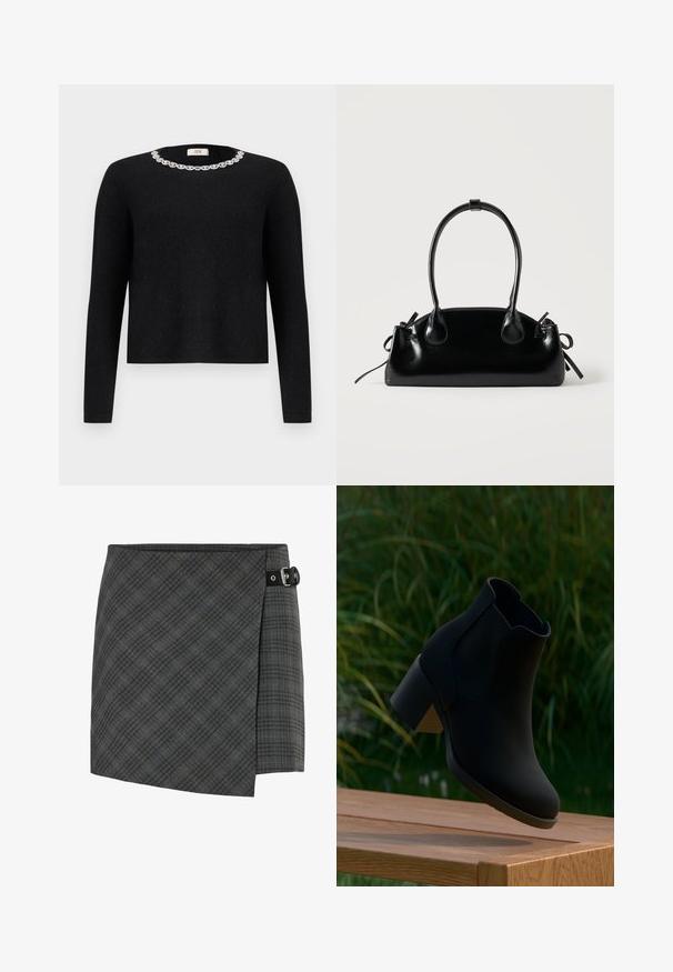 Sort sweater med lange ærmer og rund halsudskæring, der har en dekorativ krystaludsmykning omkring kraven. Blød tekstur.; Mørkegrå ternet uld wrap nederdel med sort spænde detalje på højre side, lige kant og subtil diagonalt mønster.; Sort ankelstøvle med blokhæle svævende over en træbænk, med grønt græs i baggrunden.; Lille sort blank håndtaske med to lange håndtag og snøre-detaljer i siden på en ensfarvet lys baggrund.