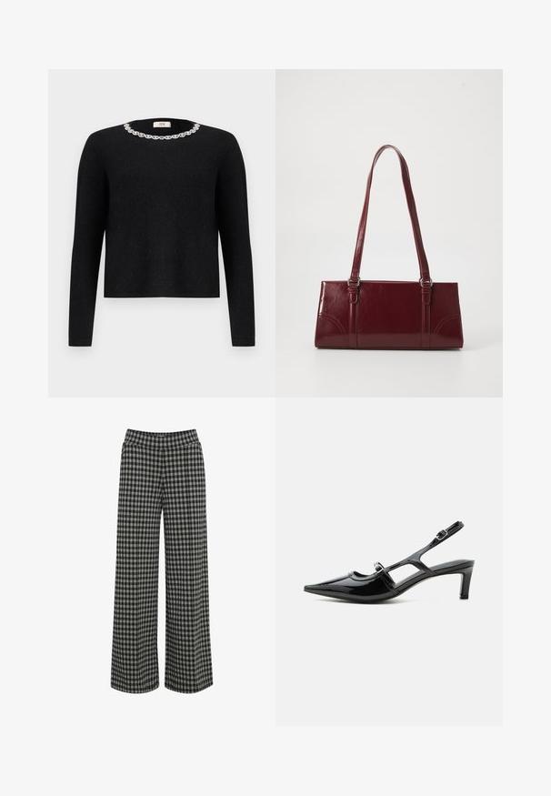 Suéter negro de manga larga con un escote redondo, que cuenta con un adorno decorativo de cristales alrededor del cuello. Textura suave.; ICHI IHKATE - Pantalones - vetiver; Zapato slingback de charol negro con punta puntiaguda, tacón bajo y dos correas ajustables con hebillas, mostrado de perfil lateral.; Bolso burdeos hecho de material brillante, de forma rectangular, con dos asas para el hombro y sutiles acentos curvados en la parte frontal.