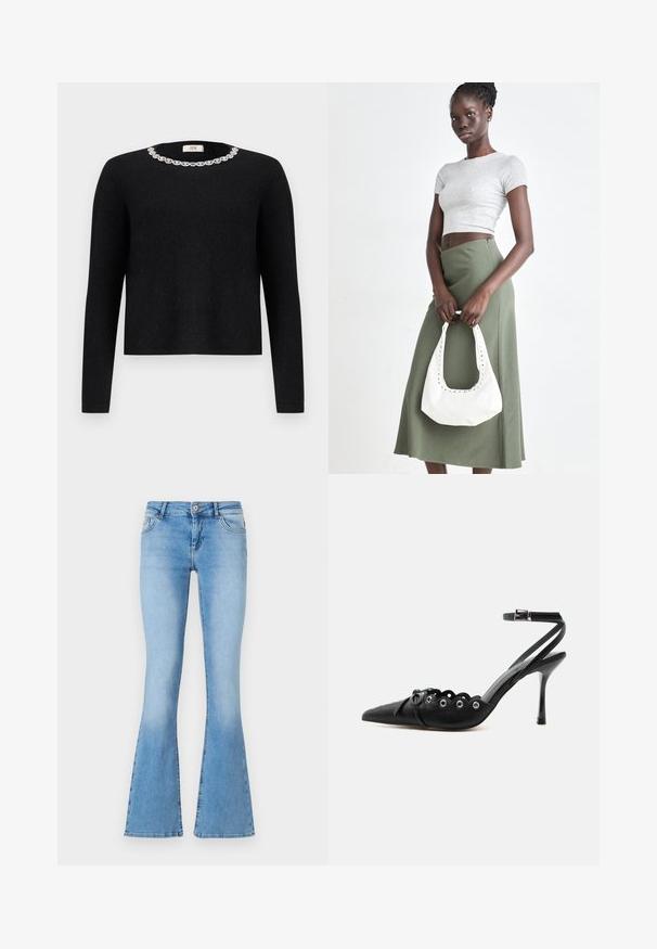 Sort sweater med lange ærmer og rund halsudskæring, der har en dekorativ krystaludsmykning omkring kraven. Blød tekstur.; Lysblå flagrende jeans lavet af denim med midt-høj talje, med forlommer og syninger langs sømme og kanter.; Sort spids hæl med bølgede kanter, metaløjer, snørelukning foran og ankelrem med spænde.; Grå ribbet crop top og olivengrøn højhøjdet nederdel. Modellen holder en hvid skuldertaske med udskæringsdetaljer. Enkel design, tætsiddende silhuet.