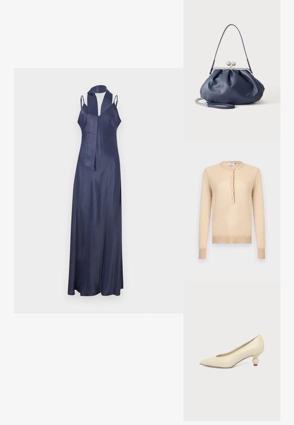 Beige trui met lange mouwen, geribbelde boorden aan de mouwen en zoom, voorzien van een ronde hals en een knoopsluiting met vijf knopen aan de voorkant in het midden.; Marineblauwe satijnen jurk met een V-hals, smalle bandjes en een lange, vloeiende lijn. Heeft een zelfstrikbare halslijnaccent. Gladde textuur.; Dames schoen in roomkleur met een puntige neus en een lage, ronde balvormige hak op een effen achtergrond.; Zachte navyblauwe leren handtas met zilveren sluiting, enkele schouderband en afneembare ketting polsband op witte achtergrond.