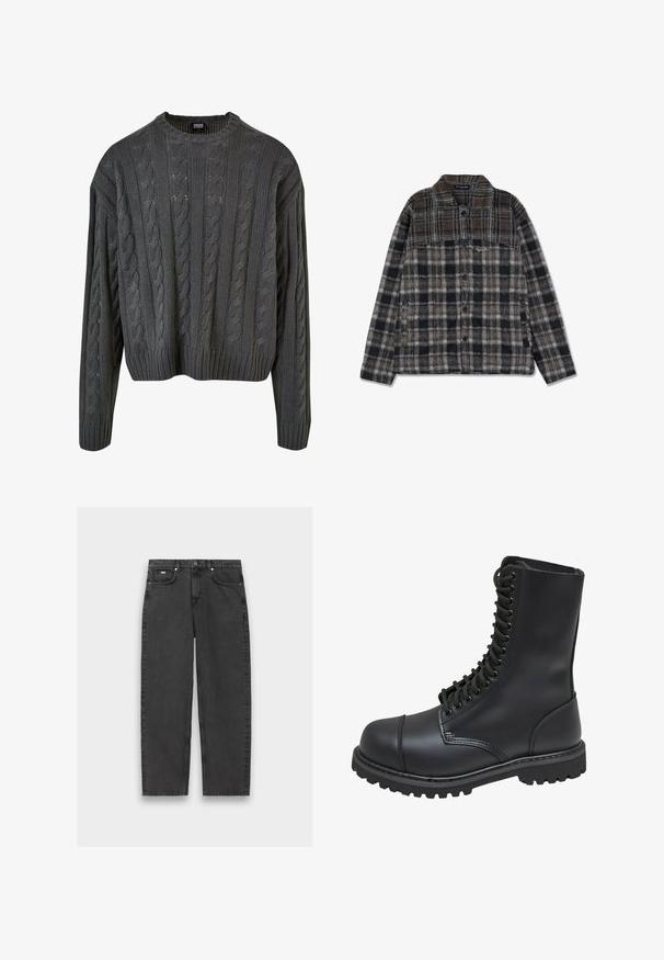 Pull-over en maille torsadée de couleur gris foncé, avec un col rond, des épaules tombantes et un ourlet côtelé. Présente des motifs texturés sur l'ensemble.; Veste chemise en flanelle à carreaux mettant en avant des tons terreux de brun, noir et gris, avec une fermeture à boutons, deux poches latérales et une texture douce.; Jeans noirs à jambe droite avec cinq poches, fermeture à bouton et coutures visibles, posés à plat sur un fond neutre.; Botte de combat en cuir noir avec un haut tige, fermeture lacée à l'avant, col rembourré et semelle texturée robuste pour une meilleure adhérence. Dotée d'un capuchon de protection renforcé.