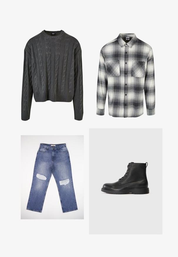 Cable-strikket pullover i mørkegrå med rund halsudskæring, drop-skulder og ribbet bund. Har teksturerede mønstre overalt.; Flannel skjorte i sort, hvid og grå ternet mønster. Har to forlommer, knaplukning og lange ærmer med knapmanchetter.; Lyseblå denimjeans med høj talje, lige ben og to slidte pletter foran. Klassisk design med fem lommer.; Sort ankelstøvle lavet af struktureret læder med rund tå, snørelukning og en robust sort gummisål. Har en løkke ved hælen.