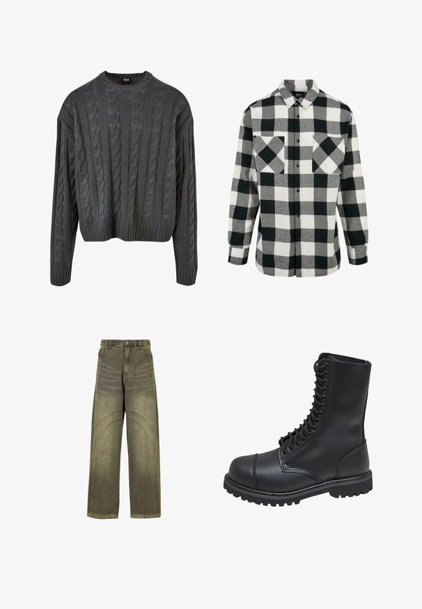 Jersey de punto trenzado en gris oscuro con cuello redondo, hombros caídos y dobladillo acanalado. Presenta patrones texturizados en toda su superficie.; Camisa de franela en blanco y negro con un gran patrón a cuadros, mangas largas, cierre de botones en la parte delantera y dos bolsillos en el pecho. Hecha de tela suave.; Jeans de pierna ancha en denim verde oliva, con acentos de costura curvada, cierre clásico de botón y un acabado desgastado.; Bota de combate de cuero negro con caña alta, parte frontal con cordones, cuello acolchado y suela texturizada resistente para un buen agarre. Presenta una puntera reforzada.