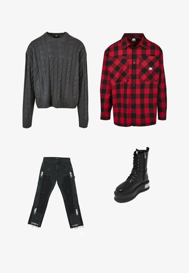 Pull-over en maille torsadée de couleur gris foncé, avec un col rond, des épaules tombantes et un ourlet côtelé. Présente des motifs texturés sur l'ensemble.; Chemise en flanelle à carreaux rouge et noir avec des manches longues, fermeture à boutons, deux poches avant et un petit logo de marque sur la poche de la poitrine.; Jeans en denim noir avec des patches déchirés, des ourlets effilochés et des accents texturés. Taille mi-haute avec un design standard à cinq poches.; Bottes de combat en cuir synthétique noir avec une plateforme épaisse, présentant un laçage à l'avant, une fermeture éclair et un accent métallique sur le talon.