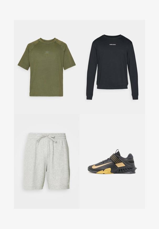Zwarte lange-mouw sweatshirt gemaakt van zachte stof, met een ronde hals, geribbelde manchetten en een wit logo gedrukt op de borst.; Olijfgroene kortonna shirt van katoen, met een ronde hals en een klein grijs logo op de borst. Gladde textuur.; Lichtgrijze sportshorts gemaakt van zachte stof, met een elastische tailleband en een trekkoord voor een verstelbare pasvorm en twee zijzakken.; Zwarte sportieve schoen met gouden accenten, mesh en synthetische materialen, unieke geprofileerde zool, verstelbare band over de middenvoet en gewatteerde kraag.