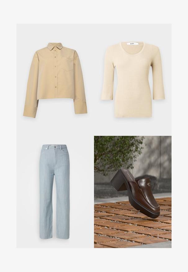 Top à manches longues en beige côtelé avec un décolleté arrondi. La texture est lisse et ajustée. Des poignets évasés ajoutent un détail de design subtil.; Chemise beige raccourcie en mélange de coton, dotée d'un col pointu, d'une fermeture à boutons et d'une petite poche poitrine avec broderie de logo.; Jean droit en denim bleu clair. Comprend cinq poches, une fermeture à bouton en métal et un léger délavage pour la texture.; Mule à talon en cuir marron Calvin Klein flottant au-dessus d'un sol en carrelage en bois avec en arrière-plan une plante verte et un mur flous.