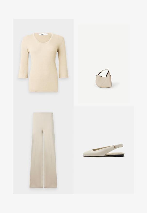 Top à manches longues en beige côtelé avec un décolleté arrondi. La texture est lisse et ajustée. Des poignets évasés ajoutent un détail de design subtil.; Pantalons amples beiges en tissu doux avec une texture lisse. Dotés d'une taille élastique haute pour le confort et d'un design épuré et minimaliste.; Chaussure plate slingback en cuir couleur crème avec un bout arrondi et un petit emblème doré sur la bride.; Sac à main en cuir beige en forme de croissant avec une seule bandoulière et des coutures minimalistes, posé sur un fond blanc uni.
