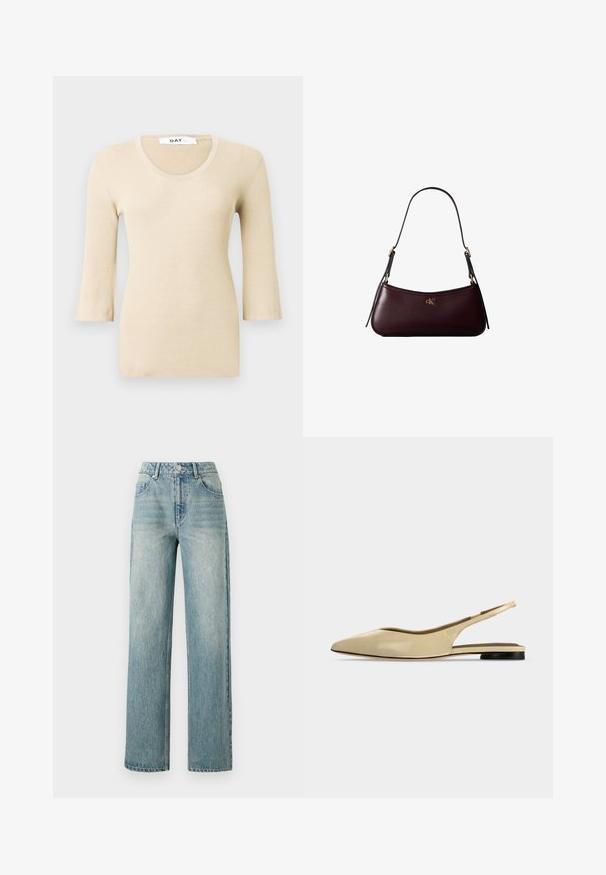 Beige ribbet langærmet bluse med en rund halsudskæring. Teksturen er glat og tætsiddende. Udsvingede manchetter tilføjer en subtil designdetalje.; Copenhagen Muse JEANNE PANTS - Jeans Relaxed Fit - medium dirty washed denim; Beige spids tå slingback flad sko med lav sort hæl og en glat læderfinish, vist fra siden på en ensfarvet baggrund.; Mørk bordeaux læderhåndtaske med en tynd sort skulderrem og lille gyldent "cK" logo foran i midten.