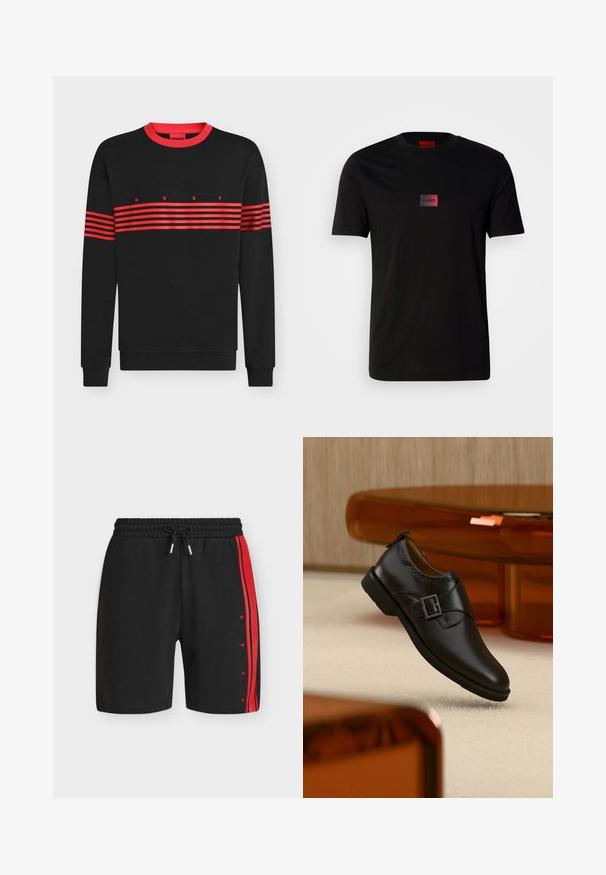 Sweat-shirt noir à manches longues avec col rond rouge et rayures rouges horizontales sur la poitrine et les bras, affichant «HUGO» à l'avant.; T-shirt en coton noir avec un petit logo rectangulaire en dégradé de noir et rouge sur la poitrine. Manches courtes et col rond.; Shorts de sport noirs avec taille élastique et cordon, avec une bande rouge verticale et le texte « HUGO » sur le côté droit.; Chaussure monk en cuir noir avec boucle argentée, flottant au-dessus d'un tapis beige avec des meubles translucides marron en arrière-plan.