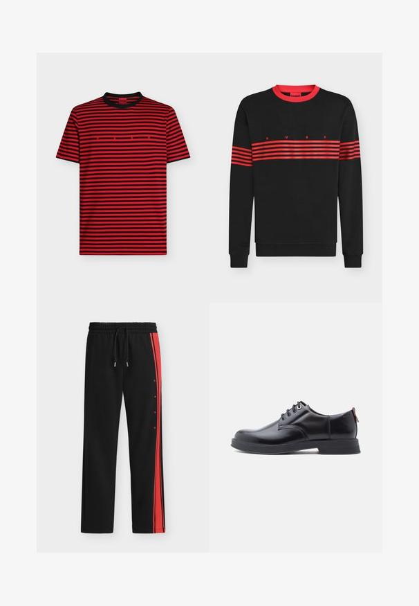Sweat-shirt noir à manches longues avec col rond rouge et rayures rouges horizontales sur la poitrine et les bras, affichant «HUGO» à l'avant.; T-shirt à manches courtes rayé horizontal rouge et noir avec col noir et petit lettrage rouge "HUGO" centré sur la poitrine.; Pantalon de survêtement noir avec taille élastique et cordon, avec une bande rouge verticale et un petit texte rouge le long de la couture latérale.; Chaussures en cuir noir à lacets avec une texture lisse, un bout arrondi et des détails de couture discrets. Présentent une languette rouge à l'arrière.