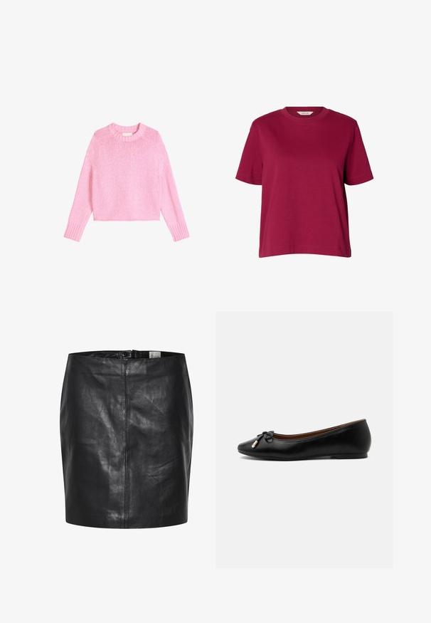 Langærmet, lyserød strikket sweater med ribbede manchetter og halsudskæring, med en let cropped pasform og ensfarvet strikket tekstur.; Ensfarvet bordeaux t-shirt med korte ærmer og rund halsudskæring, løs pasform, vist på ensfarvet hvid baggrund.; Sort læderskirt med en glat overflade, høj talje og lukning med knap foran. Har en slank, minimalistisk silhuet. Ingen mønstre eller accenter.; Sort læder balletflat med rund tå, lille sløjfe med guldtippede ender og en lav flad hæl på en grå baggrund.