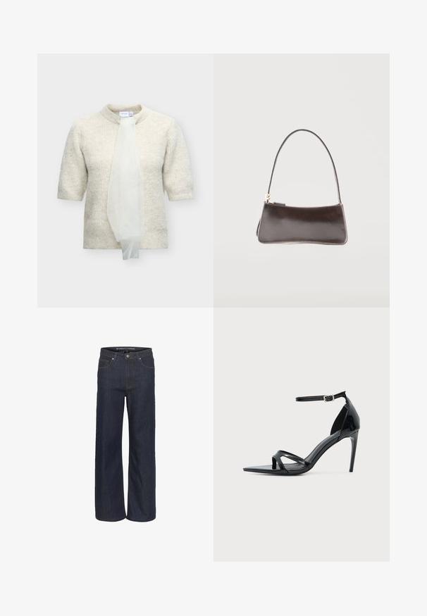 Hellbeiges, kurzärmliges Stricktop mit hohem Kragen und einem transparenten weißen Schal, der vorne herunterhängt.; Dunkelblaues, weites Jeanspaar mit hoher Taille, das über fünf Taschen, kontrastierende Nähte und einen rohen Saum am unteren Ende verfügt.; Schwarze Sandale aus Lackleder mit hohem Absatz, dünnem Knöchelriemen, offenem Zehenbereich und minimalistischem Design auf hellem, einfarbigem Hintergrund.; Kleine rechteckige dunkelbraune Lederhandtasche mit einem einzelnen Riemen und goldfarbenem Reißverschluss.
