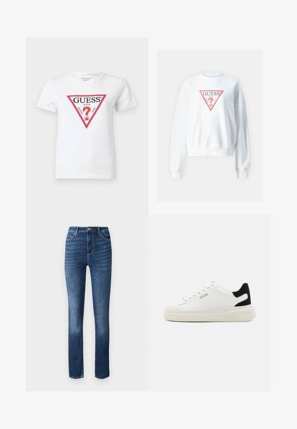 Sudadera corta blanca con cuello redondo y mangas largas. Presenta un logotipo triangular en rojo y gris con la palabra "GUESS" y un signo de interrogación.; Camiseta blanca de algodón con un logo triangular rojo que incluye el texto "GUESS U.S.A." y varias fechas. Manga corta y cuello redondo.; Jeans de mezclilla azul oscuro con un diseño de pierna recta, estilo de cinco bolsillos y un leve desgaste en la parte delantera para añadir textura.; Zapatillas blancas de cuero con una suela blanca gruesa, acento en el talón de ante negro y logo grabado en el lateral. Diseño de cordones con seis ojales.